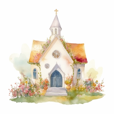 watercolor painting of wedding chapel clipart on plain white background, painted in the style of chiho aoshima