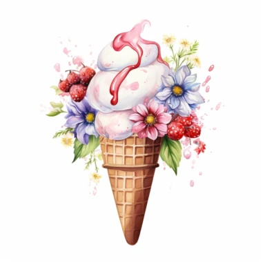 a colorful ice cream in a field, boho, watercolor clipart, digital clipart, white background