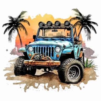 Beach Jeep Watercolor Sublimation Clipart ,Cartoon,hyper realistic, intricate detail, illustration style,high solution,on the white background