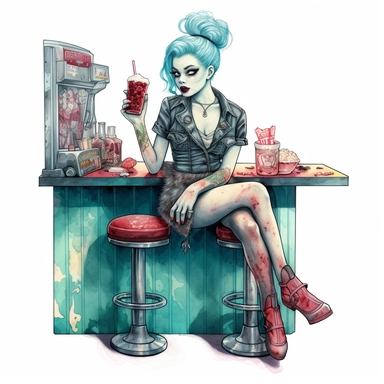 hand drawn pin up teal zombie woman, sitting on a stool in a 50’s diner, at the counter, mini juke box on counter with zombie food, shades of teal and burgundy, goth, glamorous, Halloween, very detailed and realistic, watercolor, clear white background with margins, clipart style