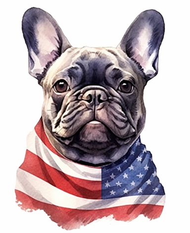 Watercolor Patriotic French Bulldog werring a usa flag clipart, hd, isolated on white background, spaceout,hand drawing, thick lines, no shading, vivid color, low detail