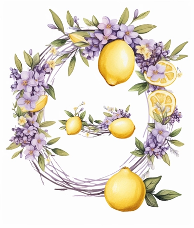 lemons and floral wreath watercolor clipart, in the style of light yellow and light purple, elaborate fruit arrangements, leica cl, charming sketches, hurufiyya, scrapbook, isolatedon white background