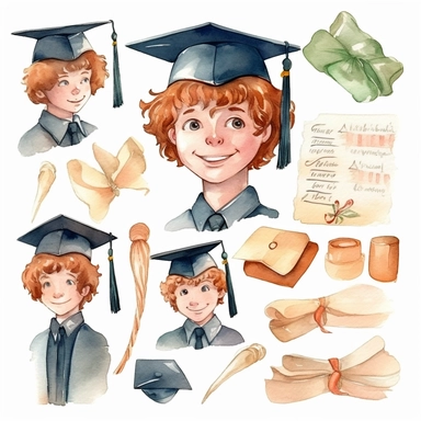 watercolor graduation ceremony related scenes, illustrations clipart set, simple, , cartoon elements ,different variants , separate elements with a margin, ,4k, high resolution