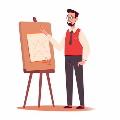 vector design, image the teacher is standing, behind the back is a blackboard, a table, a close shot, flat modern illustration, clipart, white background, soft gradient transition, in the style of warm color palette, natural pastel colors, in bed red and yellow, object portraiture specialist, uniformly staged images, animated illustrations