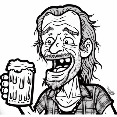 clipart, black and white, dumb looking drunk hill billy holding a beer with missing teeth.