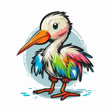 A clipart for kids with a cute baby stork animal motif in frontal view on white background. The animal motif is depicted in bold colors