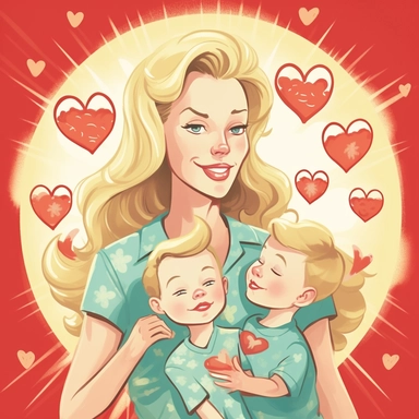 happy mother's day, blond mother of blond twin boys, proud mommy of twins, Clipart style, comic, hearts, love, happy, big heart, hearts, ocean with hearts, sea full of hearts, sunny, serendipity