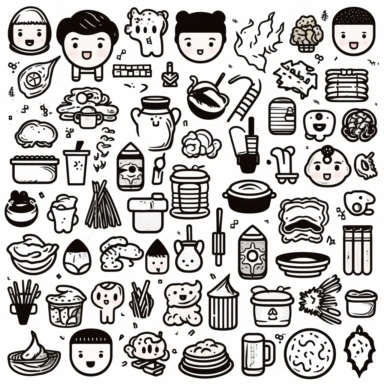 korean doodle style lineart black and white, cute, icons, white background, clipart