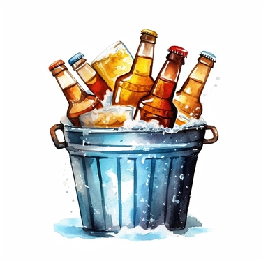 one ice bucket and beer bottle clipart on a white background, in the style of ink wash painter, light azure and dark amber, light amber and silver, light gold and light amber, luminous 3d objects , no watermark, text, 300 DPI , typography, shapes do not stick together, no text in the picture, on a white background