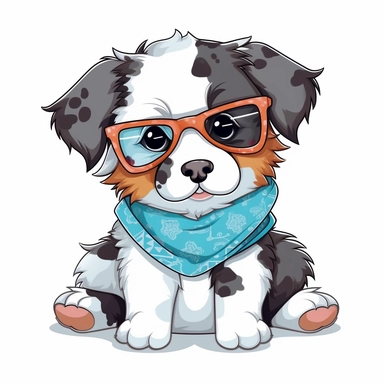 funny kawaii Australian Sheppard Puppy with Balenciaga sunglasses and cool bandana or necklaces, cute illustration, clipart, white backgound, Cuttable Design