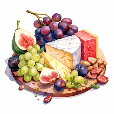 watercolor fresh fruit , cheese, summery charcuterie board, clip art , hd, white background, spaced out, cartoon realism details--ar 3:2