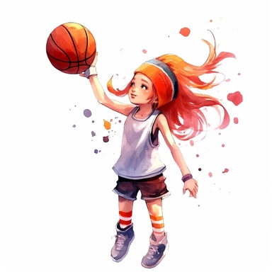 cute Watercolor whitegirl cartoon basketball player shooting hoops, clipart, white background