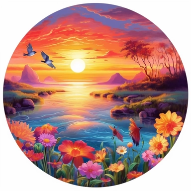 A sticker, graphic work of blooming flower garden in spring, magnificent in digital painting style, garden full of flowers and migratory birds, colorful flowers in a flower garden, sunrise on calm beach, water splash, white background, colorful fantasy flower surround , high detail clean, illustration, photorealistic masterpiece, professional photography, realistic, flat white background, isometric, vibrant vector, clipart, illustration, realism, 4k, cinematic, front view, white background, open