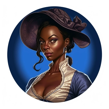 Arthur Sarnoff's character portrait circular tondo depicting a dark-skinned female uniformed battle-mage wizard, Boris Vallejo Mike Allred Josh Kirby, Discworld, clipart illustration, circular solid background circular border