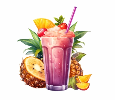 Immerse yourself in a tropical paradise with this 3D watercolor clipart featuring a fruit-infused milkshake against a pristine white background. The artwork captures the essence of watercolors, with soft brushstrokes and vibrant colors that create a visually captivating composition. The clipart exudes a mood of tropical indulgence, evoking the feeling of sipping on a refreshing milkshake packed with luscious fruits. The white background enhances the focus on the milkshake, allowing its colors an