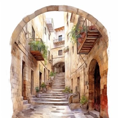 Old City Streets of Jerusalem. Watercolor, clipart