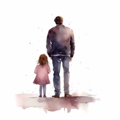 father standing with daughter, facing away from camera, watercolor illustration with plain white background, clipart