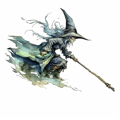 watercolor style, Witch on the broomstick: A long, slender broomstick associated with witches and their transportation. clipart, isolated on white background, 4K