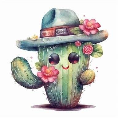 a cute cactus with a sombrero and a mustache, heart, flowers, watercolor clipart design, super cute, isolated white background, high quality, 2d, vector, flat
