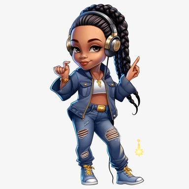 hip hop girl, connected her phone to headphones, high heels, blue jeans, Coiled Bun, clipart, transparent, wearing jewelry, clip art, as a Inspired Chibi and Kawaii Style