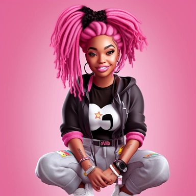 black chibi women incarnate in a 3d pink clothes, Mesmerizing gaze, pink girl dreadlock, american college fashion pink clipart, black magic girl