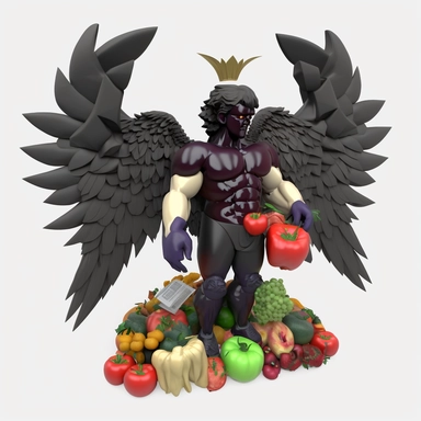 3D dark Angel Cartoon in the form of vegetables and fruits with many many wings and one halo clipart mascot , with a transparent background, 128K super mega pixel, insane detail, hyper-detailed, with huge details, UHD, 8K