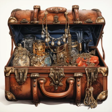 hand drawn , watercolor, hyper realistic, white background, white margins, 16k, ultra detailed clipart, cut out image, hand-drawn, ultra HD, sharp and clean art a vintage treasure chest filled with vintage high heels n the style of clipart