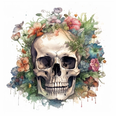 Design a clipart image that showcases a human skull cradled within a lush, blooming flower bed. The flowers should be highly detailed and presented in a vivid watercolor style, drawing inspiration from Enki Bilal's art. The juxtaposition of life and decay should be emphasized by the harmonious coexistence of the skull and flowers. Keep the background white to highlight the striking contrast between the elements.