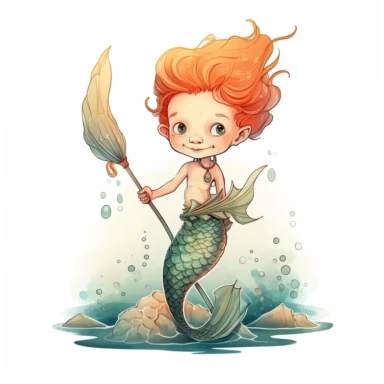 in the style of clipart, Monty is a Fullbody shoot of an adorable boy smiling merman child in the ocean, the top half of his body is that of a normal boy and his bottom half is that of a fish, he has a realistic long fish tail, with flowing fins and scales, his hair is long