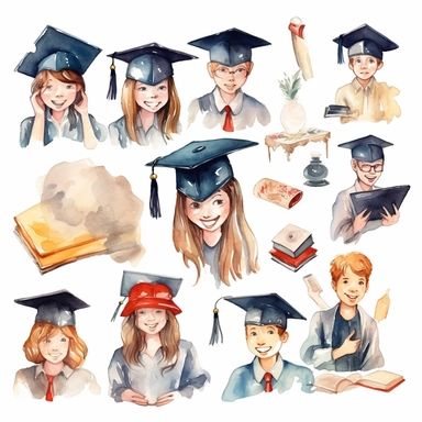 watercolor graduation ceremony related scenes, illustrations clipart set, simple, , cartoon elements ,different variants , separate elements with a margin, ,4k, high resolution