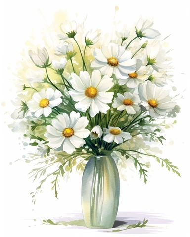 detailed vibrant watercolor bouquet of white cosmos in square plain ceramic vase white space , isolated on white background, realistic, clipart