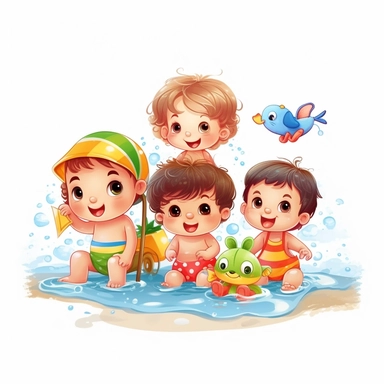 cute babies playing at the summer, family in background, summer time, no watermark, white background, clipart