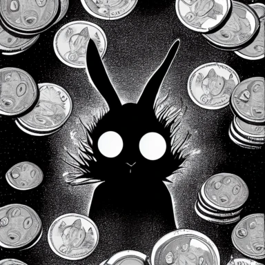 2d clipart donnie darko rabbit standing on a pile of coins in a simple hr giger and clive barker style