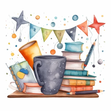 Whimsical watercolor clipart, back to school banner, set of graphics, including black board, stack of books, stationery items in a rusty cup, paint, notebook, bunting, stars and dots, white background