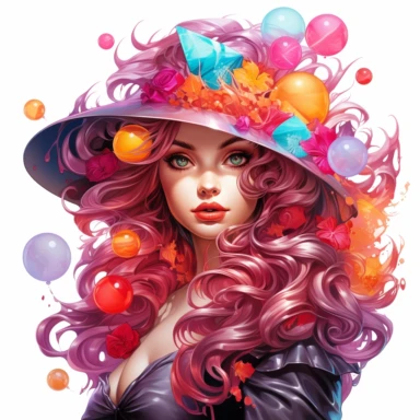Sharp Illustration of a fantasy candy witch clipart aginst white background in watercolor style, majestic scene, beautiful witch, sweets, vibrant colors, bubble gum, colorful candies, illustration style, vibrant colors, unreal engine 5, detailed illustration, high resolution, high quality, solid white background