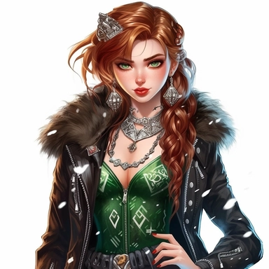 Disney princess Anna long brown rocker hairstyle, leather jacket over a ripped green ballgown, snowflake necklace, skulls, gothic style, rock style, clipart, white background, by Kawacy