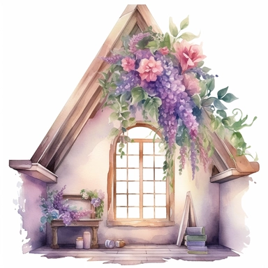 A fairytale style attic corner with watercolor effect,suitable for digital clipart,white background,magical flowers,magical scene,fairy vibrant colors,pink,purple,lavender,soft details