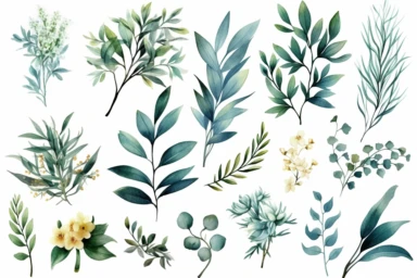 Hand drawn watercolor illustrations. Botanical clipart ( laurels, frames, leaves, flowers, swirls, herbs, branches). Floral Design elements. Perfect for wedding invitations, greeting cards, posters