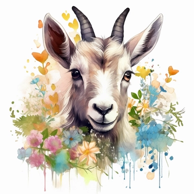 Pygmy goat beside wildflowers, cute goat, alcohol ink style, clipart, white background, hd image, hyper realistic, intricate detail