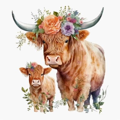 Watercolor clipart wonder: highland cow and precious calf adorned with charming hats, scarves, and blooming roses. A serene portrayal of love and joy. HD clarity, isolated on a white background. No text, just pure visual delight. Resolution: