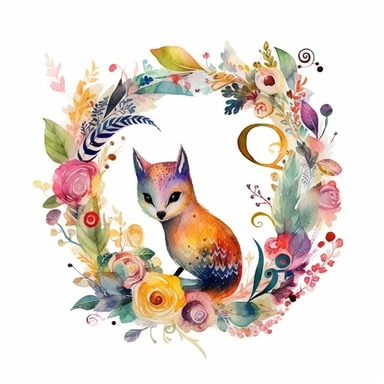 Create watercolor clipart of letter “q”, funny primitive illustration for children for learning abc primer, cute animal with wild flowers, boho tribal style, white background