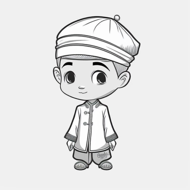 a boy, simple, traditional costume, local food, and animal,educational, history, and cultural diversity, clipart style, cute, picture book style, captivating, kid friendly cute character, black and white, coloring book, not color style, cartoon style, vector image, simple, line art style, character, white background
