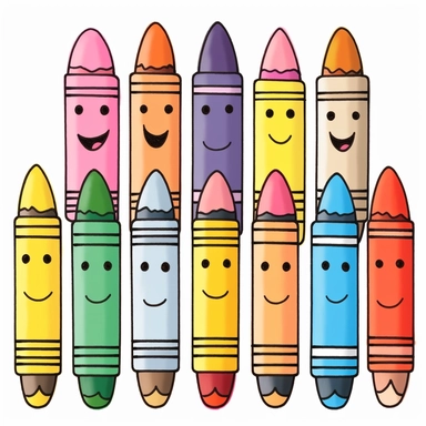 Ignite your creativity with a charming cartoon clipart featuring a lineup of 10 crayons in various colors against a clean white background. Picture each crayon as a playful character, radiating with its unique pastel color. Use a soft and soothing pastel color palette, including shades like blush pink, baby blue, mint green, lavender, and buttery yellow, to bring the crayons to life. Arrange them in a neat line, showcasing their vibrant hues and adding a touch of organization to the clipart. Let