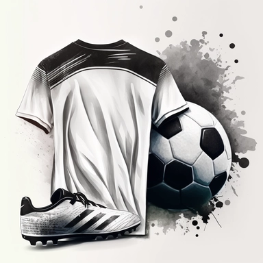 a watercolour drawing of the back of a white soccer shirt with black trimming, a black and white soccer shoes next to a black and white soccer ball lay in front, black and white, unbranded. painting, photorealistic brush strokes, geiger art, watercolor, ,