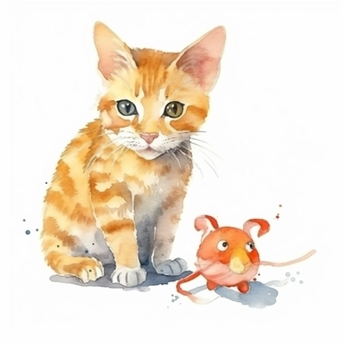 Curious orange cat with a mouse toy, watercolor, clipart, on isolated on white background.