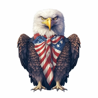 digital clipart, solid white background, a realistic white-tailed patriotic eagle wearing 4th July apparel