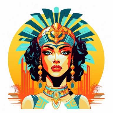 Design a captivating clipart featuring a retro-inspired portrayal of Cleopatra infused with the vibrant Vice City vibes. Create a stylish and charismatic character that combines the timeless beauty of Cleopatra with elements reminiscent of the 1980s Miami aesthetic. Incorporate bold colors, neon lights, palm trees, and retro patterns to evoke the Vice City atmosphere. With a white background, the clipart maintains a versatile appeal for various design applications. Perfect for digital projects, 