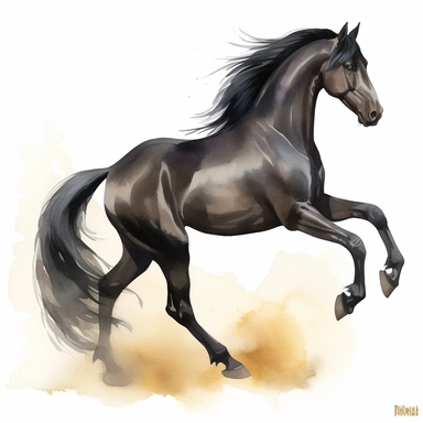 A clipart that shows a majestic black horse in a graceful pose on a white background. The horse's body is elegantly curved to emphasize its beauty and grace. It may be standing on a slight hill or in an idyllic landscape. The water colors give the clipart a soft and flowing look. The colors can be soft and pastel to create a calm atmosphere. Use different shades of blue for the background to create a natural water or sky look. The contours of the horse are subtle and well defined to clearly show