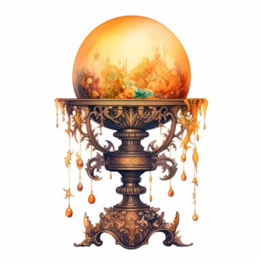 a beautifully illustrated witch's crystal ball on a pedestal, iridescent orange, yellow , and brown colors, celestial , detailed realism intricate , watercolor, octane render, Pre-Raphaelitism,hyperrealism, retro intricate details lines ,illustrated by Mima Jovanov and CJ Hendry, white background, siimple details, clipart