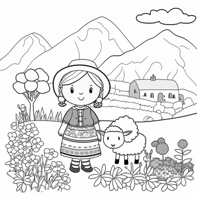 Landscape, simple, traditional costume, local food, animal, educational, history, and cultural diversity, clipart style, cute, picture book style, captivating, kid friendly cute character, black and white, coloring book, not color style, cartoon style, vector image, simple, line art style, character, white background